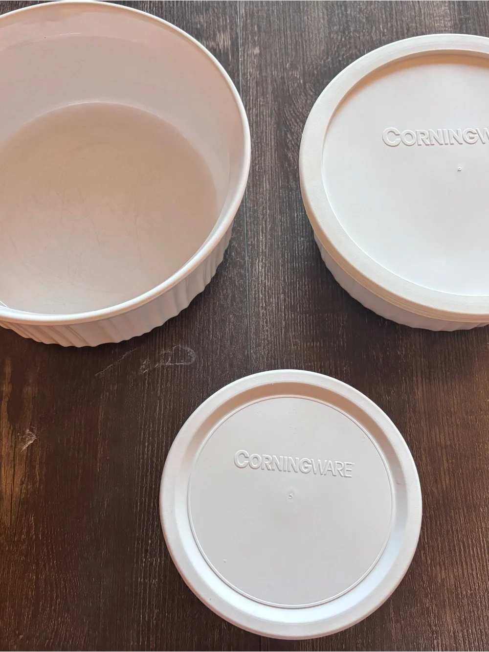 Corningware White Fluted Ceramic Ramekins with Saucers - Set of 3